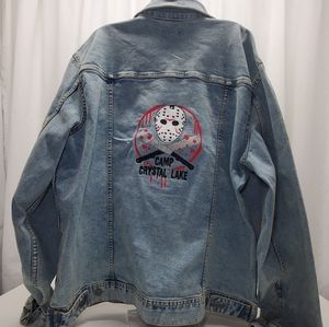FRIDAY THE 13TH, CAMP CRYSTAL LAKE CUSTOMIZED EMBROIDERED XL DENIM JACKET. $125.